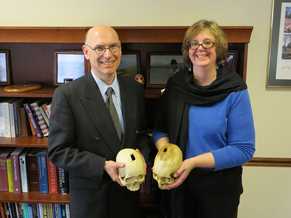 Dean Robert Frank and Dr. Nancy Tatarek share a common interest in bones. On visiting Tatarek's forensic anthropology lab, Frank discovered that they both have skull casts that were surgically perforated, or trephined, about 400 years ago.