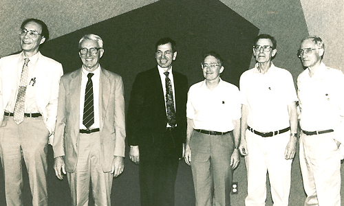 Dr. Lawrence Crum (third from left), returns to receive the Ohio University College of Arts and Sciences Significant Achievement Award on October 15, 1992. Ohio University Physics Professors include (L to R) Charles Chen, Burt Stumpf, (Lawrence Crum), Roger Rollins, Ed Sandford, and Charles Brient (photo provided by the Department of Physics and Astronomy.)