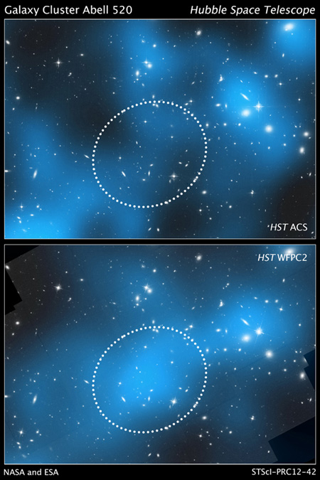 These composite images taken by two different teams using the Hubble Space Telescope show different results concerning the amount of dark matter in the core of the merging galaxy cluster Abell 520. Credit: (top) D. Clowe, (Ohio University, (bottom) J. Jee (University of California, Davis)