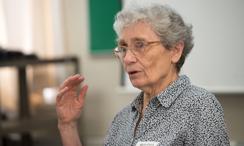 Marie Claire Wrage, professor emerita of French at Ohio University, leads a discussion about a memoir written by Rita Thalmann, who escaped from Nazi occupied France with help from Wrage's mother at the start of World War II. Photographer: Ben Siegel