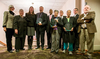 Winners of the Awards for Excellence in Global Engagement are seen with Ohio University President Roderick J. McDavis, Executive Vice President and Provost Pam Benoit, and Vice Provost for Global Affairs and International Studies Lorna Jean Edmonds.  Photographer: Kate Vancouver