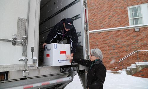 Unloading the FedEx truck in the snow.