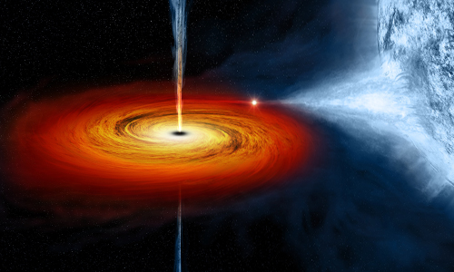 An artist's illustration depicts what astronomers think is happening within the Cygnus X-1 system. Cygnus X-1 is a so-called stellar-mass black hole, a class of black holes that comes from the collapse of a massive star. The black hole pulls material from a massive, blue companion star toward it. This material forms a disk (shown in red and orange) that rotates around the black hole before falling into it or being redirected away from the black hole in the form of powerful jets. Illustration: NASA/CXC/M. Weiss