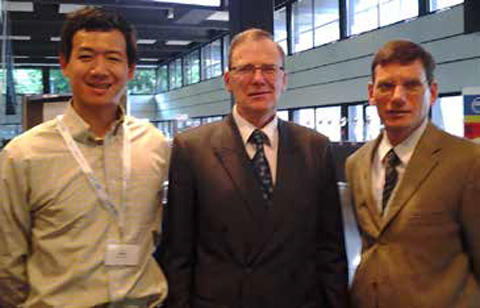 (L to R) Gang Chen helped organized the 1st joint meeting of DGG-ACerSGOMD in May in Aachen, Germany, with Dr. Reinhard Conradt (Aachen University), and Dr. Steve W. Martin (Iowa State University of Science & Technology.) Chen will chair the second conference in 2015 in Miami, Florida.