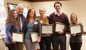 Debra Walter, Elizabeth Jensen, Alison Brittain, Ian Ackers, and Ashley Patton pose for a photo with Dr. John Kopchick after recieving their John J. Kopchick Molecular and Cellular Biology Translational Biomedical Sciences Research Fellowship Award. Photo by Kaitlin Owens.