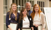 Caroline Wilson, Kimberly Kraus, and Emma Kessler pose for a photo with John Kopchick after recieving their John J. Kopchick Molecular and Cellular Biology Translational Biomedical Sciences Undergraduate Student Support Fund awards in Nelson Commons, on Saturday, November 14, 2015. Photo by Kaitlin Owens.