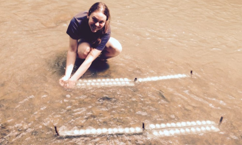 Emily Keil, graduate student in Plant Biology, checks cups collecting water samples.