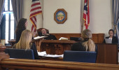 Ohio University Team Green Prosecution cross-examining a witness for Ohio University Team White Defense at Athens County Courthouse.  Athens County Common Pleas Judge George McCarthy presided.