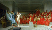 Phryne before the Areopagus by Jean-Léon Gérôme: A depiction of Phryne, a famous hetaera (courtesan) of Ancient Greece, being disrobed before the Areopagus. Phryne was on trial for profaning the Eleusinian Mysteries, and is said to have been disrobed by Hypereides, who was defending her, when it appeared the verdict would be unfavourable. The sight of her nude body apparently so moved the judges that they acquitted her. Some authorities claim that this story is a later invention.