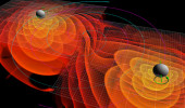 Numerical simulations of the gravitational waves emitted by the inspiral and merger of two black holes. The colored contours around each black hole represent the amplitude of the gravitational radiation; the blue lines represent the orbits of the black holes and the green arrows represent their spins. [Credit: C. Henze/NASA Ames Research Center, February 11, 2016 Physics 9,17]