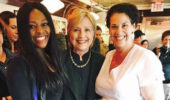 From left, Sharell Arocho, Hillary Clinton and Dr. Sarah Pogionne on May 3 in Athens.