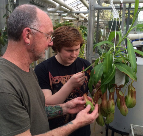 Harold Blazier answers Owen Poteet's questions about the specializations of a Nepenthes plant. Poteet is a plant biology major and volunteers at the greenhouse.