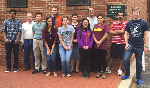 Ohio University Physics & Astronomy research staff and graduate students assist University of Florida researchers in conducting experiments to test neutron detectors used in the nuclear energy industry. From left, Sasmit Gokhale, Don Carter, Haitang Wang, Hannah Gardiner, Dr. Kelly Jordan, Cody Parker, Andrea Richard, Ting Zhu, Devon Jacobs , Shamim Akhtar, Sushil Dhakal, Lucas Rolison (Drs. Tom Massey and Alexander Voinov not shown) Photo: Tom Massey