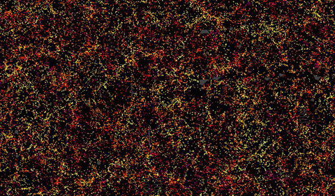 An international team of astronomers provides a slice through the map of the large-scale structure of the Universe from the Sloan Digital Sky Survey and its Baryon Oscillation Spectroscopic Survey. Each dot in this picture indicates the position of a galaxy 6 billion years into the past. 
