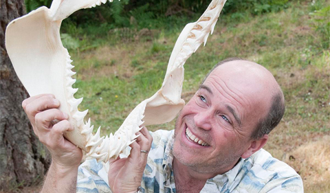 Dr. Adam Summers holding what appears to be shark jaws 
