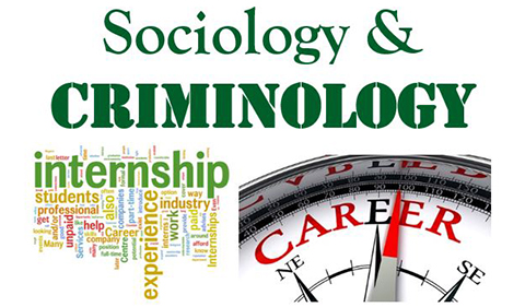 Sociology and Criminology with word cloud about internships and art of compass with directional arrow over the word career