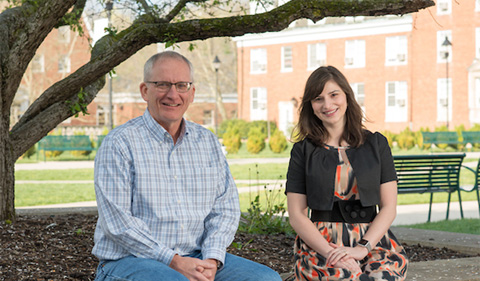 Professor of Psychology Steven Evans, left, nominated Ohio University graduate student Raisa Ray, right, for the Distinguished Master’s Thesis Award from the Midwestern Association of Graduate Schools. Photo credit: Ben Siegel, Ohio University.