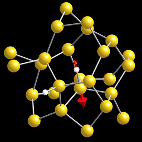 A high-frequency localized SiH stretching mode, with 99.2% stretching character, observed at 2001cm−1 in the a-Si:H model. Silicon and hydrogen atoms are shown in yellow and white colors, respectively. A pair of red arrows indicate the component of the vibrational eigenvector on the atoms.
