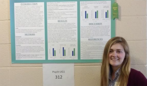 Jessica Smith presents her work on Sluggish Cognitive Tempo at a student research expo, shown her standing with her poster.