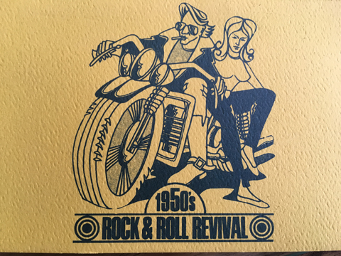 rock and roll revival artwork wiht man and woman on motorcycle