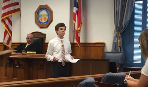 Joey Derrico presents closing arguments at the mock trial in the Athens Courthouse