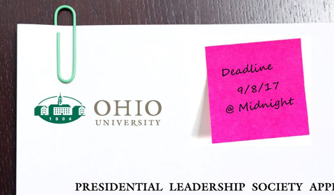 Presidential Leadership Society Recruitment Image. Post-it note on envelope with Sept. 8 deadline,