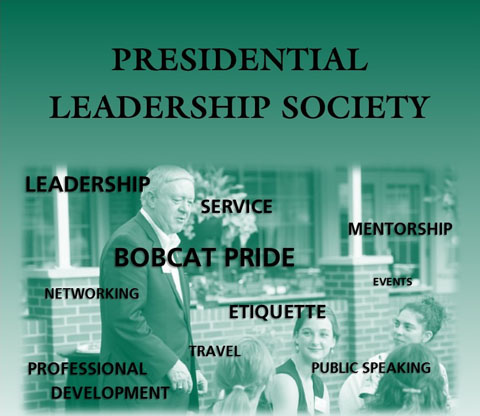 Presidential Leadership Society graphic, with words floating over image of President Nellis