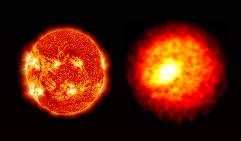 Despite staggering differences in mass and scale -- the sun (left) is approximately 10^38 times more massive and 10^13 times larger -- NIF implosions (right) are being used to recreate the conditions found in the deep interiors of stars so that they may be better understood.
