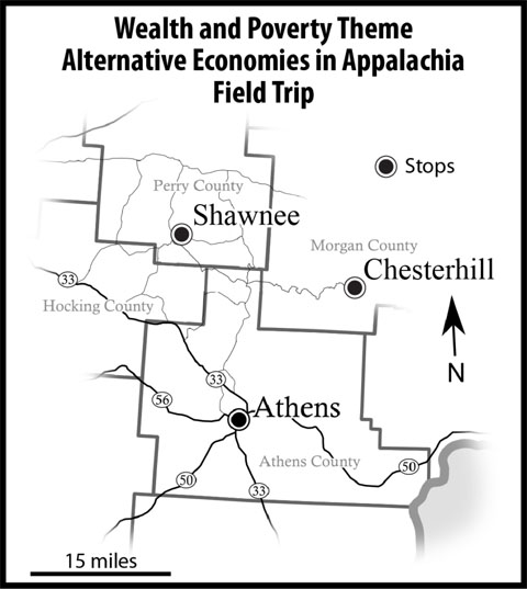 Alternative Economies in Appalachia field trip map, showing stops in Shawnee, Chesterhill and Athens Ohio.
