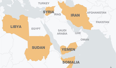 [Map showing the six countries identified in the Trump Administration's 2017 "Travel Ban"] Libya, Sudan, Syria, Iran, Yemen, Solamia