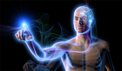 Graphic showing human brain interface, with man and nueral pathway lit in blue light.
