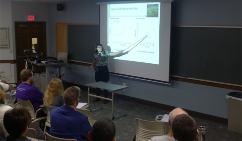 Marion Holmes, Ph.D. student, gives a talk in Porter Hall about research she presented at the Ecological Society of America meeting last summer in Portland, OR.