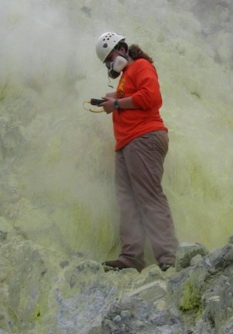 Dr. Patricia Nadeau taking the temperature of the fumarole (gas vent) at Poas Volcano, Costa Rica