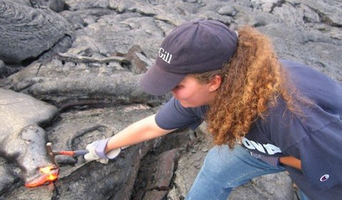 Dr. Patricia Nadeau with a fresh pahoehoe flow at Kilauea Volcano, Hawaii
