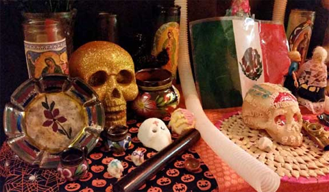 Dia de los muertos altar, with skulls and other decorations