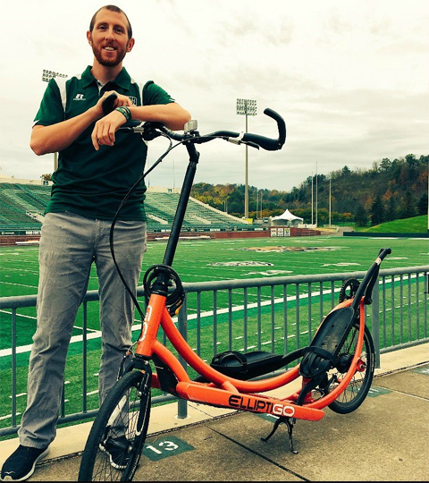 Ian Klein with outdoor elliptical bicycle, the Elliptigo.