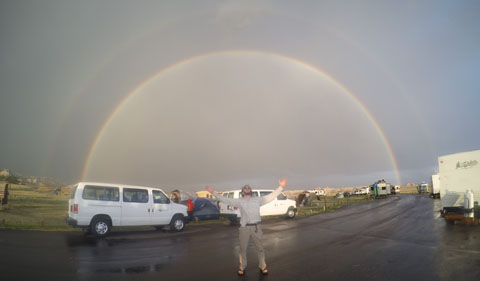 Double rainbow all the way across the sky after an intense storm in the South Dakota badlands that had people urgently rushing around to secure various tents, tarps, etc. Credit: Lindsay Schafer