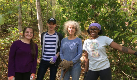 From left, Rebecca Wagenknech, Jakob Warren, Kay Tousley and Ashley Harrington in front of the honeysuckle they will remove.