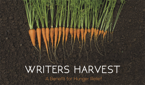 Writers harvest poster, with sheaf of carrots. Writers harvest is a benefit for hunger relief.