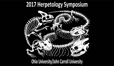2017 Herpetology Symposium, graphic with lizard skeletons. Hosted by Ohio University and John Carroll University
