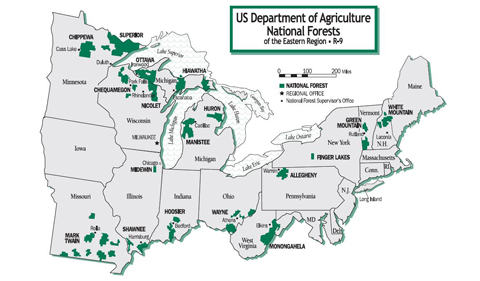 2018 usda national forest temporary jobs , map showing midest and east regions