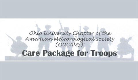 Ohio University Chapter of the American Meteorological Society hosts Care Package for Troops, with shadow outlines of soldiers in background