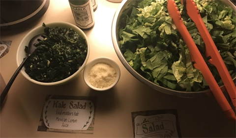 Salad at Ecohouse Thanksgiving Dinner, showing a Kale Salad and a romaine salad option
