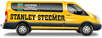 Stanley Steemer logo, yellow van with Certified asthma and allergy friendly on the window