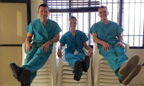 Chris Keener, left, in the company of his medical internship mentors, Dr. Dan Ruggles and RN Sue Ruggles, at the Santo Domingo Hospital during summer 2016 in the Dominical Republic