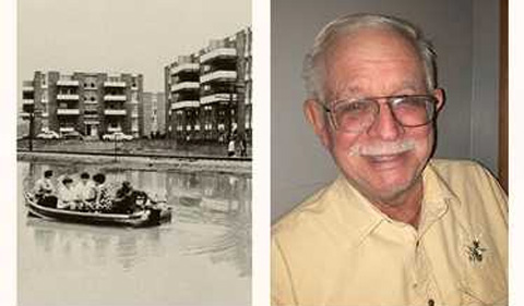 David Enterline, yearbook photo and image of students in boat during campus flooding 