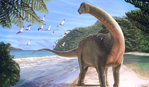 Life reconstruction of the new titanosaurian dinosaur Mansourasaurus shahinae on a coastline in what is now the Western Desert of Egypt approximately 80 million years ago. Credit: Andrew McAfee, Carnegie Museum of Natural History 