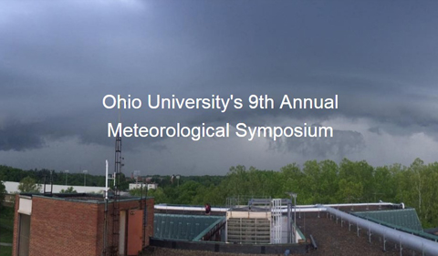 weather lab equipment on top Clippinger, with words: Ohio University's 9th annual meteorological symposium