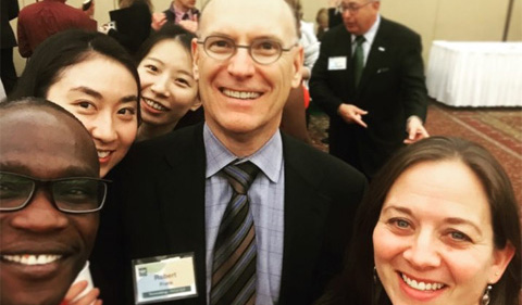 Dean Robert Frank with alumni at the Arts & Sciences networking reception. From left: Patrick Mose ‘12 , Lu Cao ‘12 , Yue Dong ‘17, Dean Frank, and Lara Wallace ‘00.