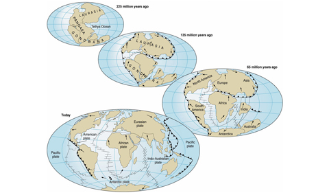 Drawing of Figure 1 that illustrates continental reconstructions showing the breakup history of the supercontinent Pangea over the past 225 million years. 